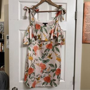 Forever21 Floral Bird Cottagecore Mini Dress L Tie Cold Shoulder Ruffle Lined
